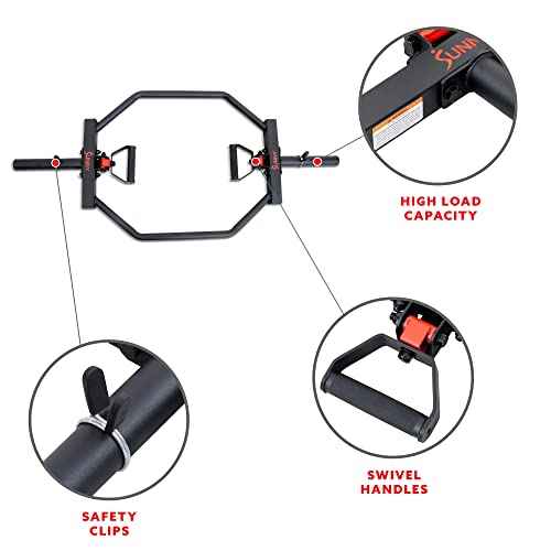 Sunny Health & Fitness Strength Training Olympic Hex Bar Barbell, High Load Capacity, Swivel Handles, Safety Clips, Knurled Handles for Deadlifts, Shoulder Presses, Shrugs, Back Rows, Weightlifting