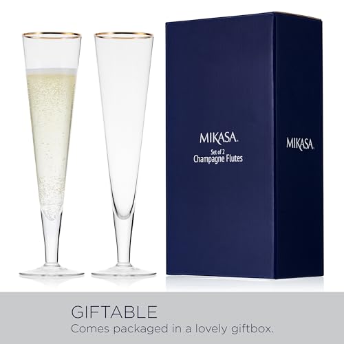Mikasa Gold Rim Wedding Anniversary Champagne Toasting Flutes Gift Boxed, Set Of 2, 8 Ounce