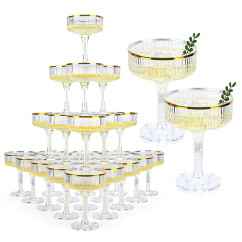 48 Pack Clear Champagne Tower Glasses 7 Oz Champagne Flutes Plastic Champagne Coupe Glasses With Gold Rim Disposable Marti...