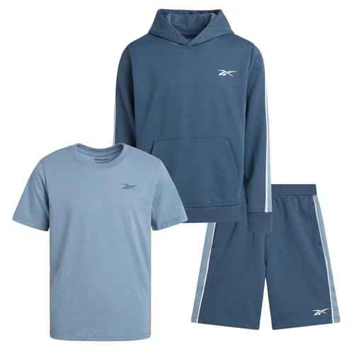 Reebok Boys' Active Shorts Set - 3 Piece Performance Mesh Hoodie Sweatshirt, Gym Shorts, and T-Shirt - Activewear Set (8-12)