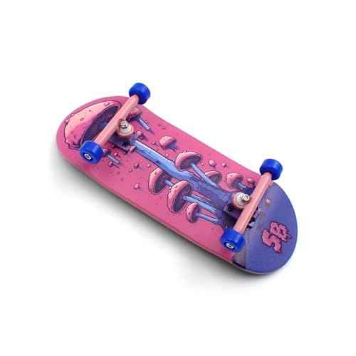 SPITBOARDS¢ç 36 x 96 mm Wood Fingerboard Complete Set-Up, Pre Assembled, 5-Layers Wood, Pro Trucks with Lock Nuts, CNC Bearing Wheels, Real Wear Graphics, Lasered Foam Grip Tape, Alien Mushrooms