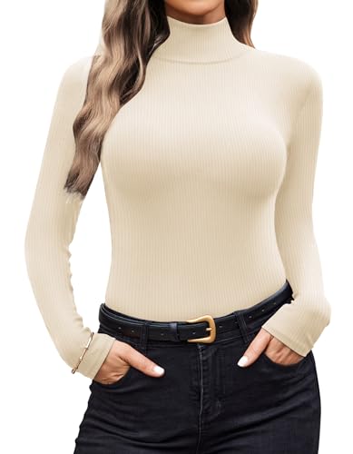 Ekouaer Women Turtleneck Shirt Long Sleeve Layer Tops Basic Ribbed Tees Soft Stretch Thermal Undershirts Lightweight Blouse
