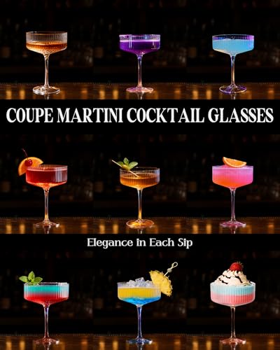 Evoio Martini Coupe Glasses Set of 4 | 10 oz Elegant Ribbed Vintage Cocktail Glasses, Premium Crystal Glass for Champagne,...