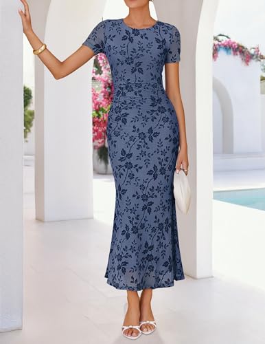 ZESICA Women's Summer Short Sleeve Floral Bodycon Dress 2026 Ruched Mesh Wedding Guest Cocktail Party Maxi Dresses