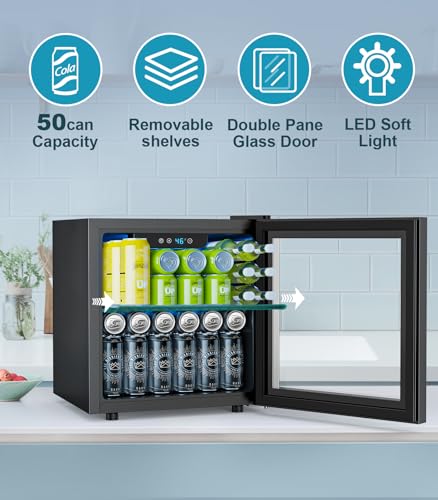 Electactic 50 Cans Beverage Refrigerator Cooler, 1.3 Cu.ft Mini Fridge Countertop Drink Cooler with Glass Door for Beer, S...