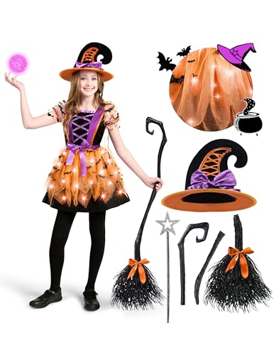 Spooktacular Creations Girls Light Up Witch Costume, Kids Witch Costume with Hat and Broom for Toddler Halloween Dress Party