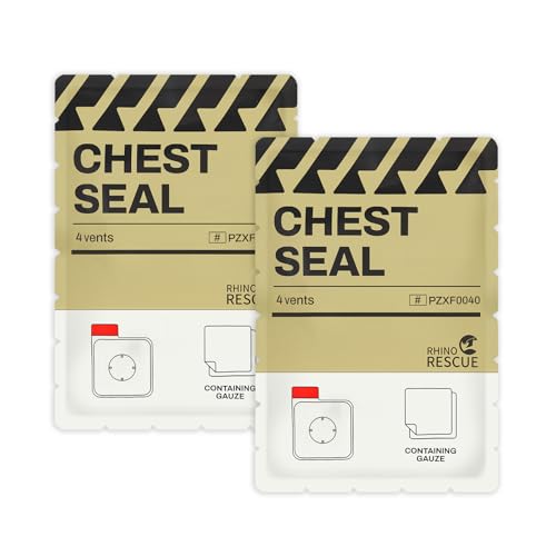 RHINO RESCUE Vented Chest Seal, 4 Vents, Sterile Emergency Trauma Dressing, Occlusive Adhesive Pad, IFAK Trauma Refill Med...