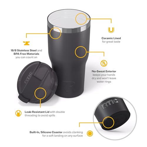 RTIC 30oz Essential Tumbler with Lid, Ceramic Lined, Insulated, Stainless Steel, Metal, Double Wall Vacuum-Insulation, Tra...