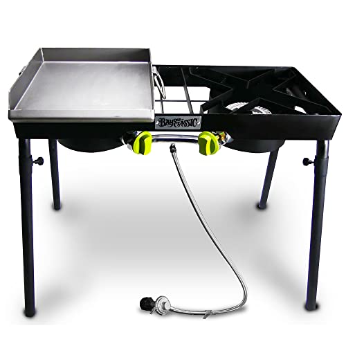 Bayou Classic Dual Patio Camp Stove w/Single Griddle Features Dual 6-in Cast Aluminum Burners 27-in Tall Cooker 13.5-in x ...