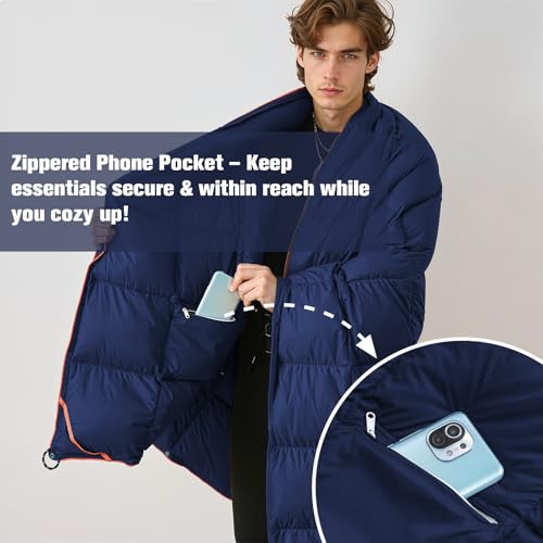 easedeco Down Camping Blanket - Navy Blue, 1lb 6oz / 77 * 52'' Lightweight Packable Warm Puffy Travel Quilt with Footbox, ...