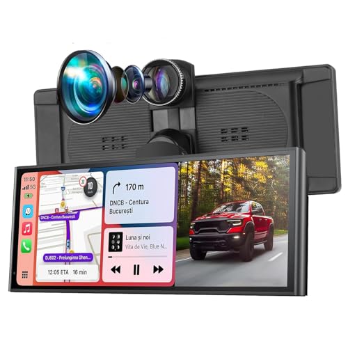 Portable Carplay Screen For Car, 10.26" Wireless Apple Carplay & Android Auto Touch Screen with 4K Dash Cam,1080P Backup C...