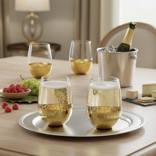 MyGift Modern Stemless Champagne Flute Glass Set of 4 Party Drinkware, Cocktails Prosecco Mimosa Glasses with Hammered Bra...