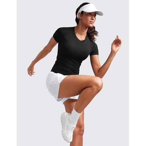 CRZ YOGA Seamless Workout Tops for Women Waist - Running Gym Athletic Yoga Short Sleeve Shirts Breathable Basic Crewneck