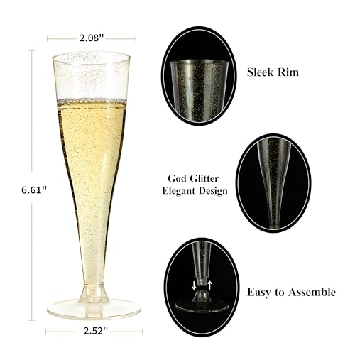 Bestluck 25 Pack Champagne Flutes Plastic, 4.5 oz Gold Glitter Plastic Disposable Stemware, Disposable Champagne Flutes fo...