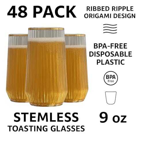 48 Pack Ribbed Ripple Stemless Toasting Glasses, Origami Durable 9 Oz BPA-Free Disposable Plastic Champagne Flutes for Wed...