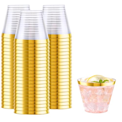 WELLIFE 200 PCS Gold Plastic Cups,9 oz Clear Plastic Cups,Disposable Wine Glasses,Plastic Cocktail Glasses for Party and W...