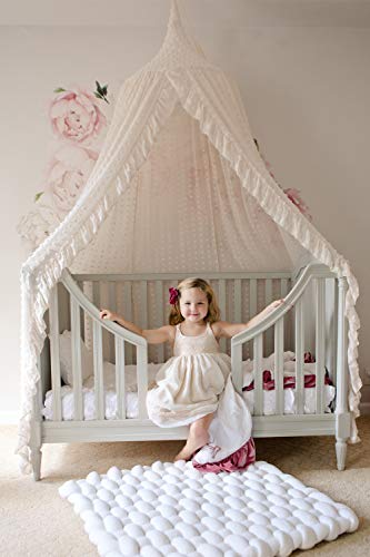 Wonder Space Elegant Kids Bed Canopy - Lace Chiffon Netting with Pom Pom, Princess Girls Fairy Dream Tent, Nursery Room Ba...