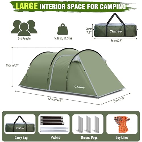 Chihee Camping Tents Tunnel Tent 4 Person Family Tents with 2 Doors Extra Large Weatherproof Shelter 4 Seasons Tents with ...