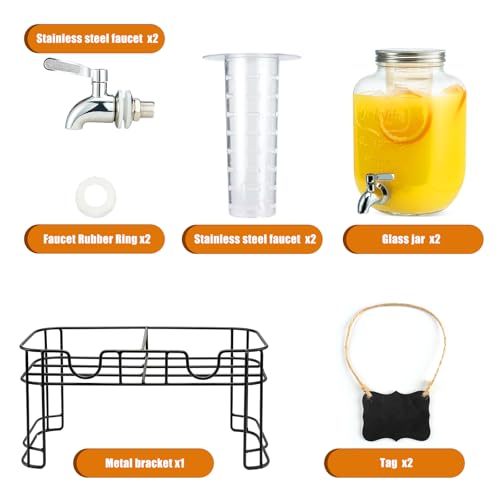 1 Gallon Glass Drink Dispensers for Parties, 2PACK Beverage Dispenser with Stand, Ice Cylinder and Stainless Steel Spigot ...