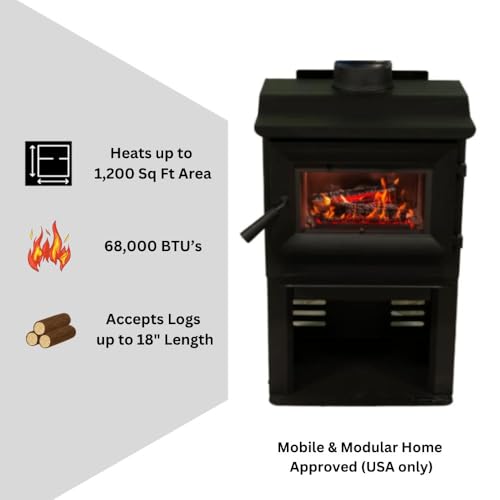 Comfort GlowLancaster I Wood Burning Stove, Heats Up To 1,200 Sq Ft, 18" Logs, Plate Steel & Cast Iron, Large Glass Windo...