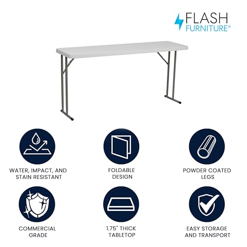 Flash Furniture Kathryn 5' Rectangular Plastic Folding Table, Long Plastic Foldable Table for Indoor/Outdoor Events, White
