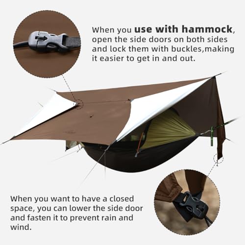 Travel Bird Ultralight Tarp, 14ft Hammock Rain Fly Lightweight Waterproof Camping Tent Tarp with Doors, Bushcraft Tarp She...