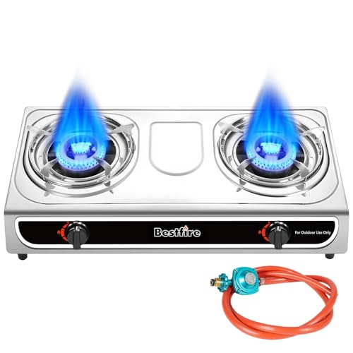 23,000 BTU Portable Dual-Burner Propane Stove with Auto Ignition – Stainless Steel Camping Stove for Outdoor Cooking, Emer...