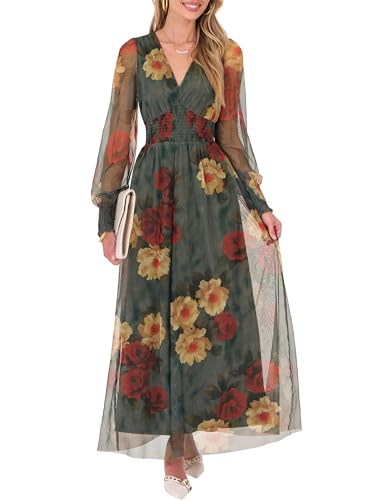 ANRABESS Women's Floral Maxi Dress 2025 Fall V Neck Puff Long Sleeve Flowy Casual Wedding Guest Tea Party Tulle Dresses