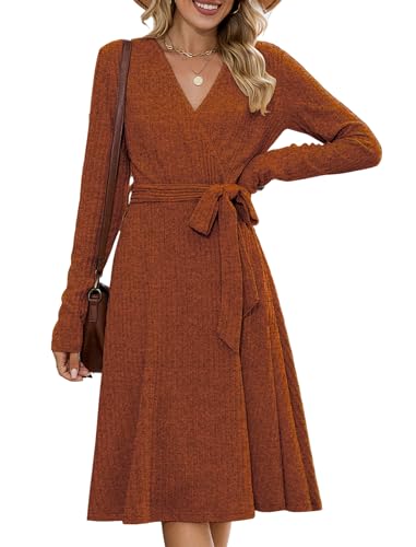 ZAFUL Women's 2025 Casual V Neck Long Sleeve Sweater Dress Wrap Ribbed Knit Pleated Midi Dresses with Belt