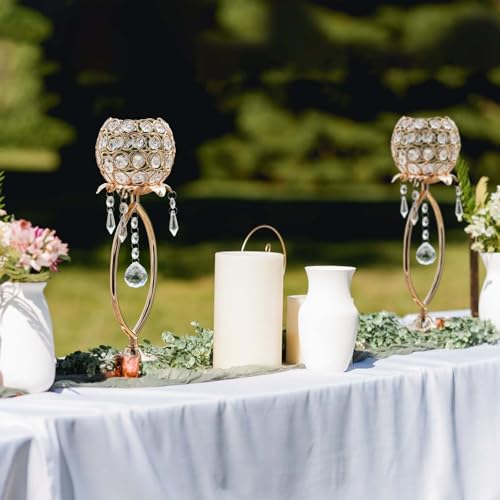 kehail 2 Pcs Gold Elegant Metal Crystal Tea Light Candle Holders with Bling Crystal Pendants, Hollow Design - Wedding Tabl...