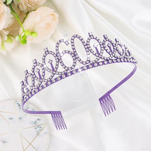 CIEHER 60th Birthday Crown and Sash - Purple 60th Decorations Women's 60 & Fabulous Sash