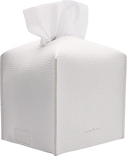 Tissue Box Cover Holder, Square with Bottom Belt by Carrot's Den - PU Leather Decorative Organizer for Tabletop, Bathroom, Car, Office | Beige
