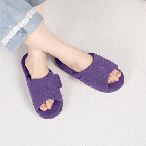Women's House Slippers Cozy Adjustable Open Toe Memory Foam Corduroy Non-slip Bedroom Shoes for Indoor Outdoor