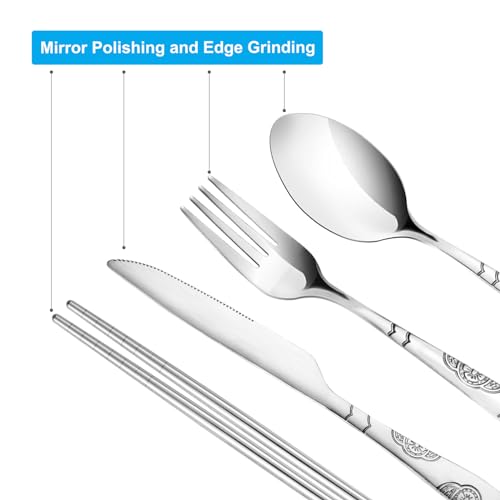 20PCS Premium Travel Utensils With Case, Stainless Steel Reusable Portable Utensils Set With Case, Lengnoyp Travel Silverw...