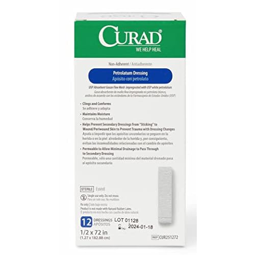 Medline CURAD Sterile Nonadherent Petrolatum Gauze Dressing, 1/2 Inch x 72 Inches, Ideal for Nondraining Wounds, Case of 72 Each