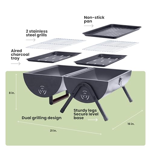 Mini Portable Charcoal Grill & Small Tabletop BBQ - Tailgate Camping Travel Grill for Balcony - Barrel Style w/Griddle & P...