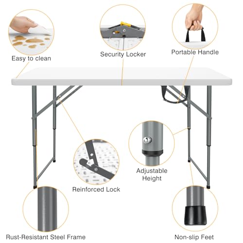 SKOK 330lbs Folding Picnic Table 4/6/8 Foot Adjustable Height, 4/6/8FT Plastic Table Portable w/Handle, Utility Commercial...