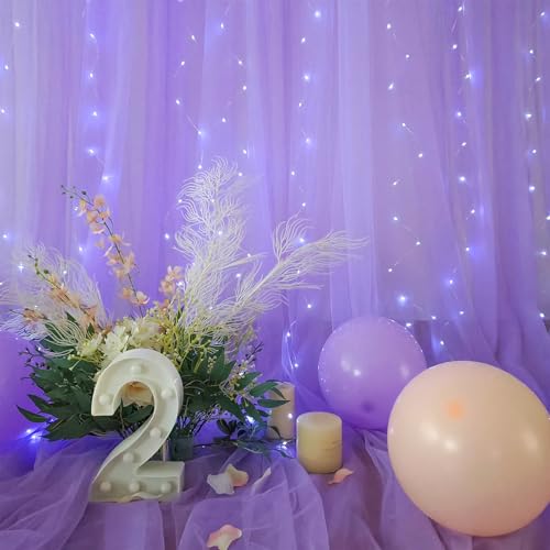 5x8ft (2 pieces) Lavender Tulle Backdrop Curtains with Lights for Party Wedding Baby Shower, Sheer Drape Backdrop Curtains...