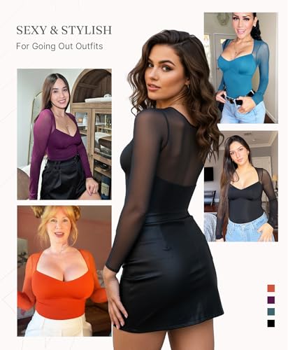 FeelinGirl Long Sleeve Bodysuit for Women Sexy Mesh V Neck Body Suits Thong Corset Top Going Out Outfits for Party