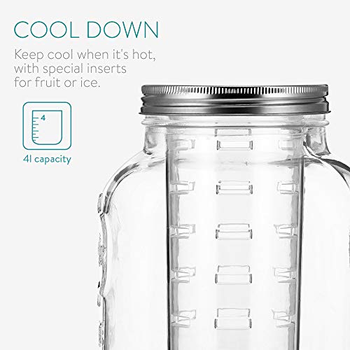 Navaris Glass Drink Dispenser with Spout - 4 L / 1 Gallon Mason Jar with Fruit & Ice Infuser - Beverage Fountain for Sweet...