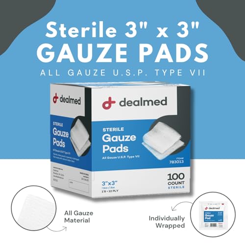 Dealmed 3’’ x 3’’ Sterile Gauze Pads (100 Count) Disposable and Individually Wrapped Medical Gauze Pads, Wound Care Produc...