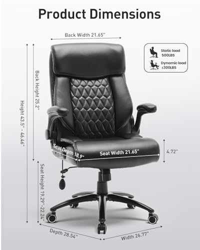 500LBS Big and Tall Office Chair, Heavy Duty Office Desk Chair with Padded Flip-Up Arms, Adjustable Lumbar Support & Tilt ...