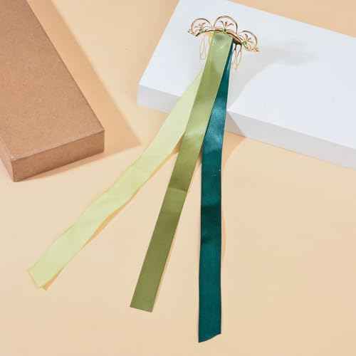 DDazzling Princess Rhinestone Gold Hair Comb with Satin Ribbons Halloween Birthday Accessories for Women Girls, 3 Colors (Green Gold)