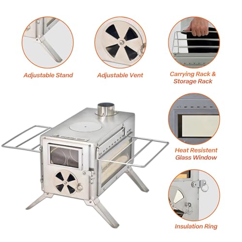 Dandelion shell Portable Camping Wood Stove with View Glass and Cooking Function, 8 Stainless Steel Chimneys for Shelter, ...