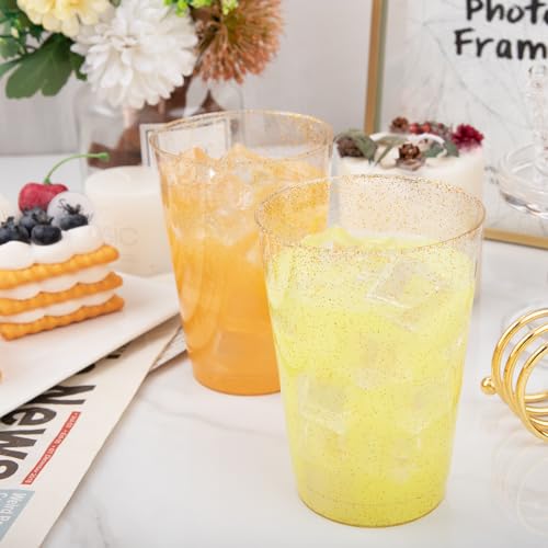 I00000 100 Pack 12 oz Gold Glitter Cups, Clear Disposable Cups, Gold Plastic Wine Glasses Cocktail Glasses Heavy Duty Cup...