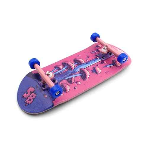 SPITBOARDS¢ç 36 x 96 mm Wood Fingerboard Complete Set-Up, Pre Assembled, 5-Layers Wood, Pro Trucks with Lock Nuts, CNC Bearing Wheels, Real Wear Graphics, Lasered Foam Grip Tape, Alien Mushrooms