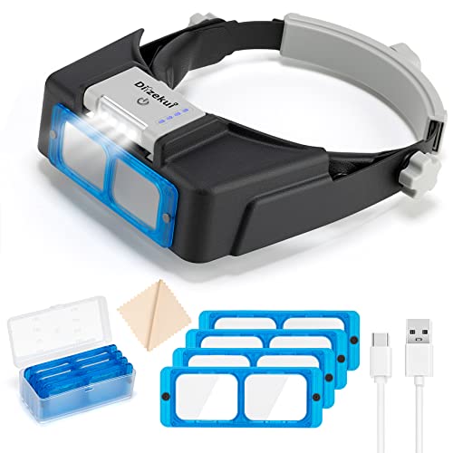 Dilzekui Headband Magnifier with LED Light, Rechargeable Head Mount Magnifier 1.5X to 3.5X, Opitcal Magnifying Glass with ...