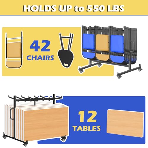 QonicFly Folding Chair Racks for Storage, Heavy-Duty Folding Chair Cart with 550 LBS Capacity for 12 Tables or 42 Chairs, ...