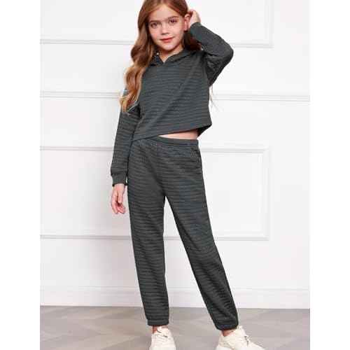 Arshiner Girls 2 Piece Outfit Waffle Knit Pullover Hooded Sweatshirt and Sweatpants Clothing Sets Long Sleeve Tracksuits