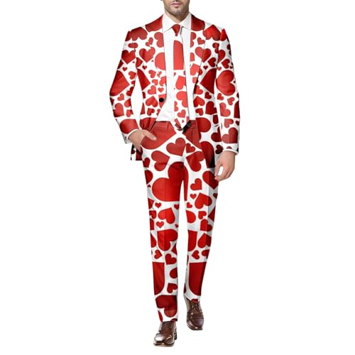 XuttHJH Mens Heart Suit Valentines Day Slim Fit Printed Blazer and Pants Love Costume 2 Piece Outfit for Party and Wedding